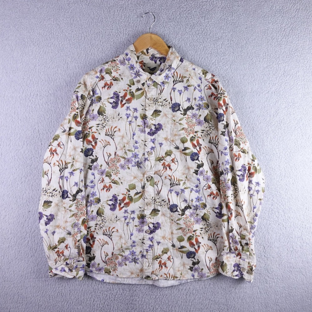 Yiume Mens XXL Floral Cotton Button Down Shirt Long Sleeve Botanical Print White